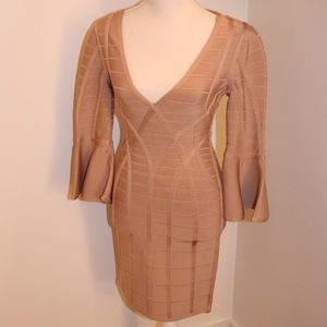 Long bell-sleeved Herve Leger bandage dress